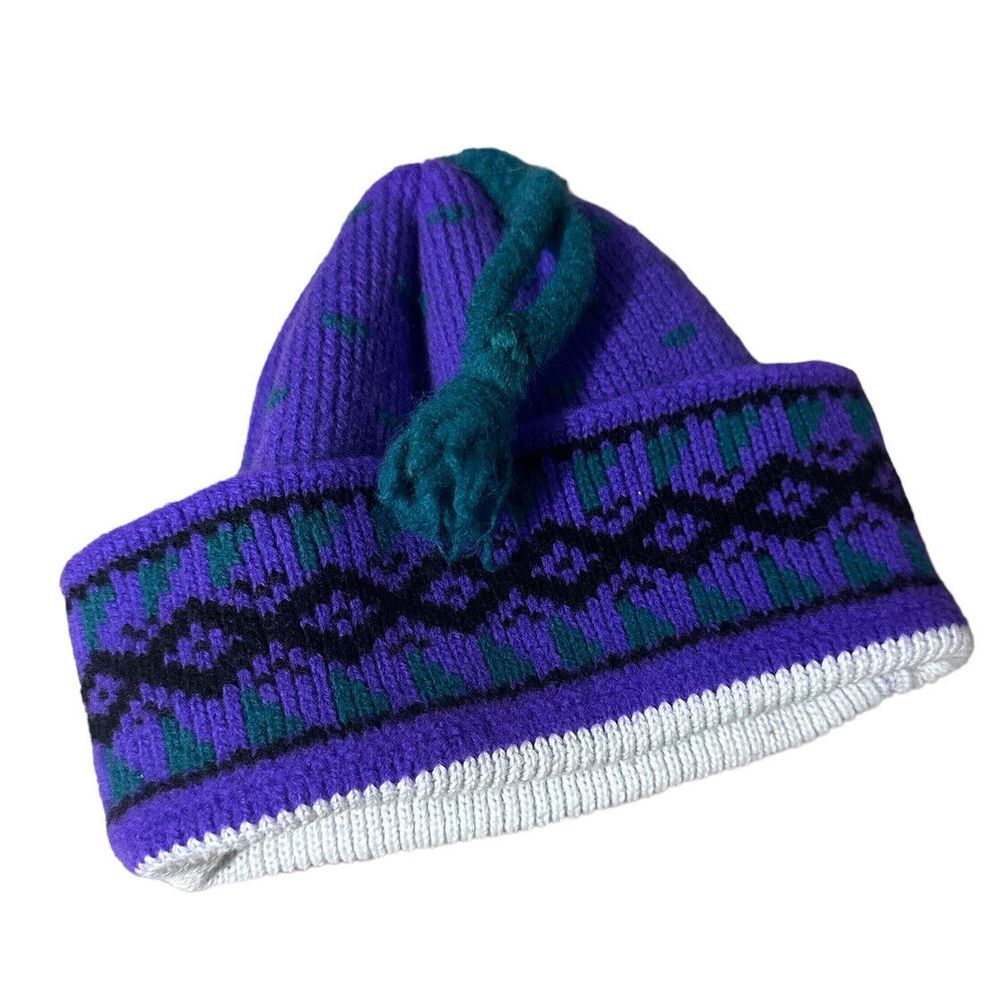 Vtg Wigwam Mills Unisex Winter Ski Cap‎ Beanie Wool Purple/Green Aztec USA euc